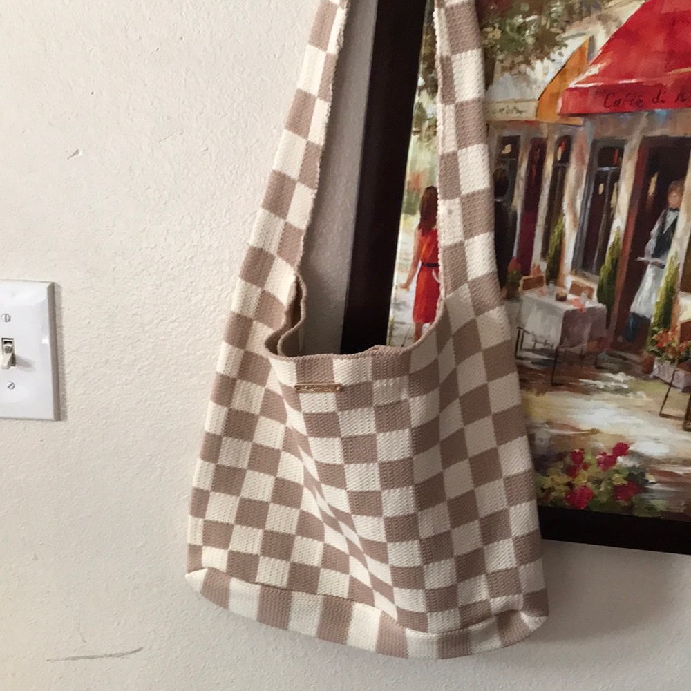 Kopari Checkerboard Knit Shoulder Bag in Beige and Cream